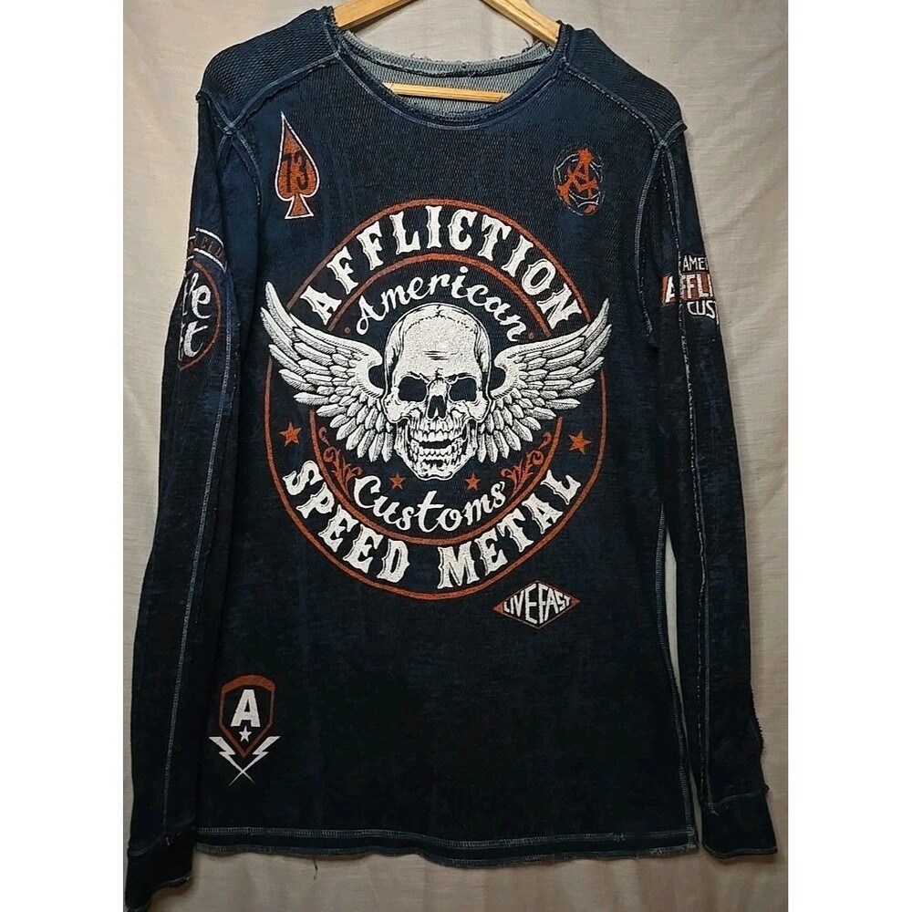 Affliction Reversible Thermal Long Sleeve Shirt Live Fast Blue Mens Large